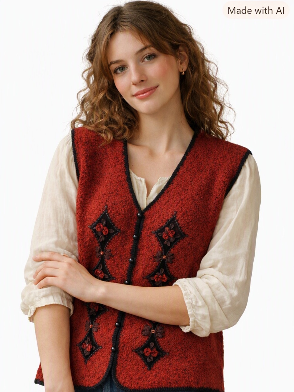 Vintage Red Wool Blend Embroidered Beaded Sweater Vest Koret Size L